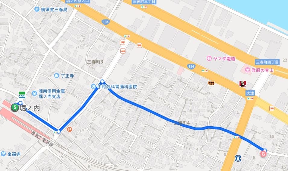 横須賀石橋クリニックまで堀ノ内駅からのアクセスのイラスト