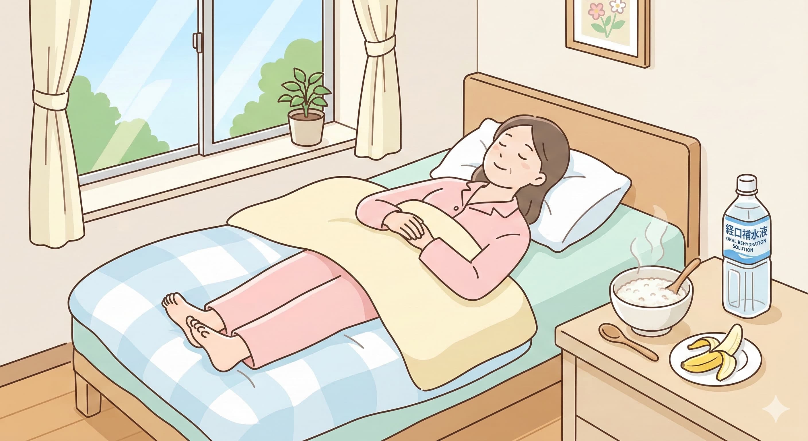 「ウイルス性胃腸炎時の自宅での過ごし方（安静、経口補水液、お粥、バナナ）のイメージイラスト」